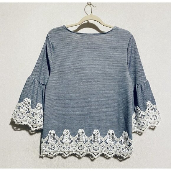 Chicos 1 Top Womens Medium French Striped Lace Detail Bell Sleeve Scoop Neck - Picture 4 of 8